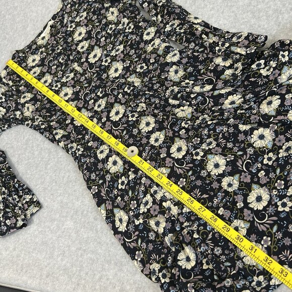 AEO SOFT & SEXY Dress S Floral Knit Navy Fit & Flare Bell LS Keyhole Flowy Cut - Picture 7 of 12